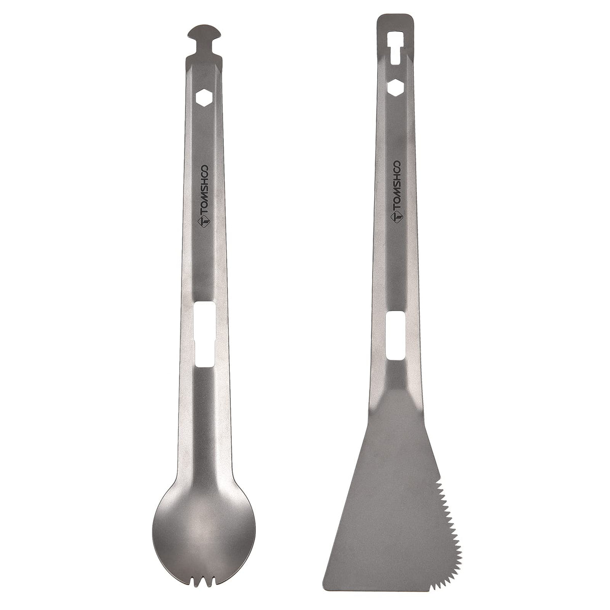 HUIOP Titanium Tongs with Spork attachment, ideal for versatile outdoor meals on hikes.