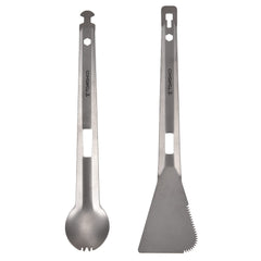 HUIOP Titanium Tongs with Spork attachment, ideal for versatile outdoor meals on hikes.