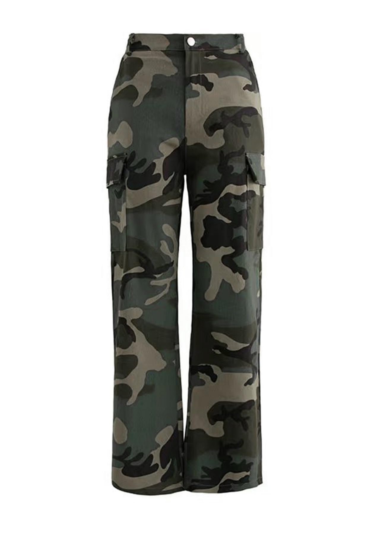 HuiSiFang cargo pants camouflage print button-down closure for secure fit.