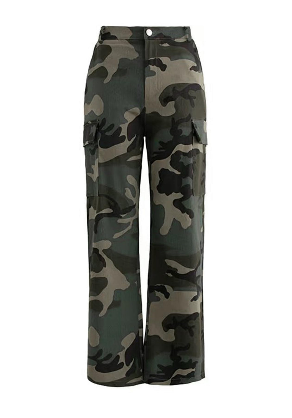 HuiSiFang cargo pants camouflage print button-down closure for secure fit.