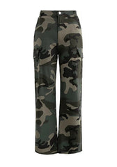 HuiSiFang cargo pants camouflage print button-down closure for secure fit.