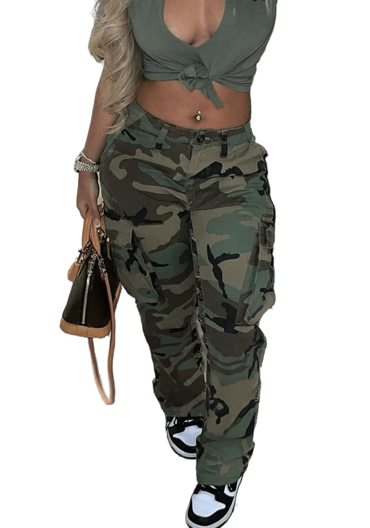 HuiSiFang cargo pants camouflage print side pockets for everyday errands and hands-free storage.