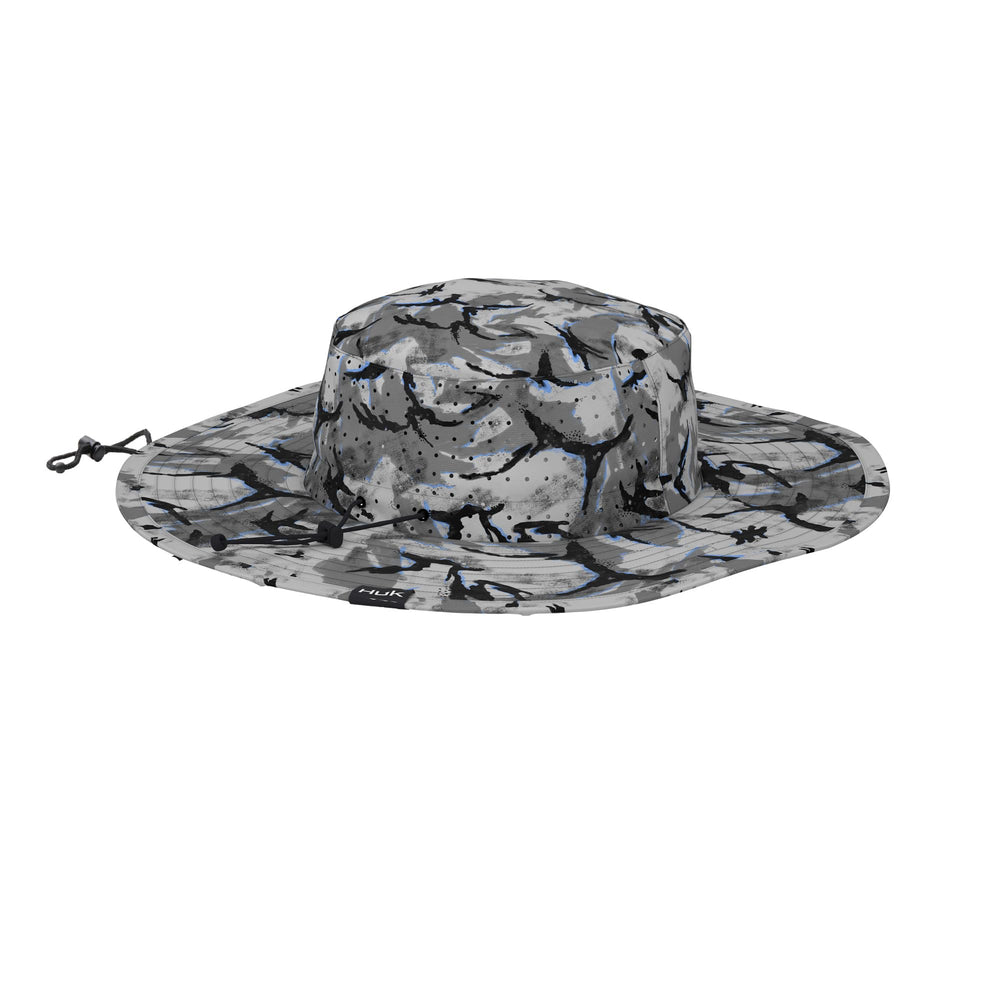 HUK Boonie Hat showing adjustable chin strap for windy conditions