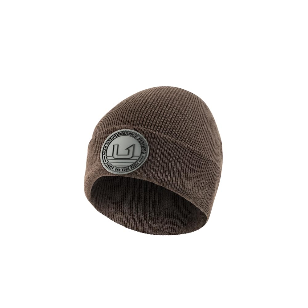 HUK embossed beanie close-up showing soft knit warmth for cold weather adventures