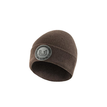 HUK embossed beanie close-up showing soft knit warmth for cold weather adventures