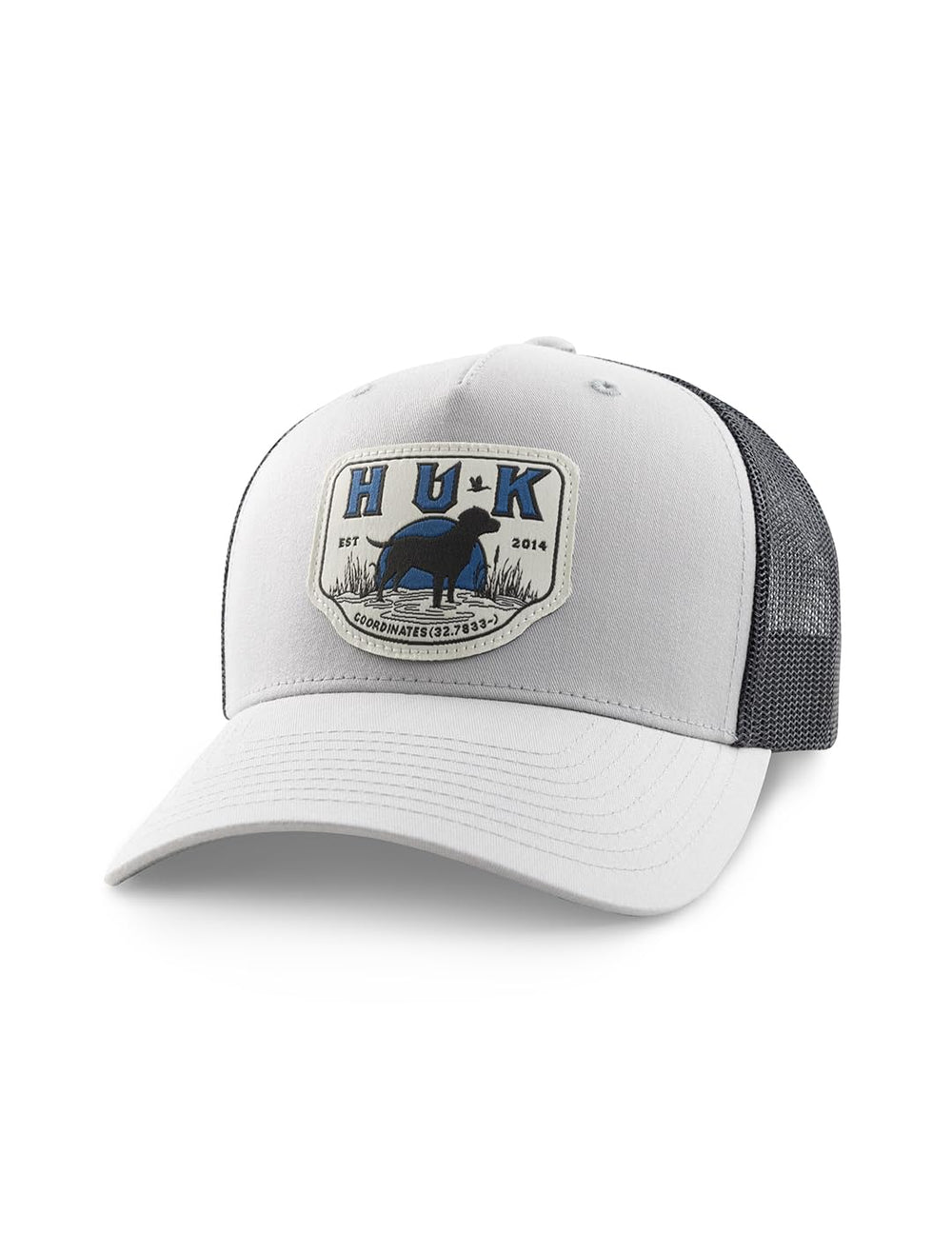 HUK Kids Trucker Hat in Harbor Mist with lab patch, ideal for outdoor adventures.