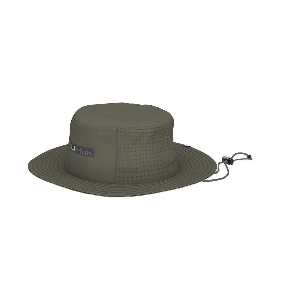 HUK men's performance bucket hat Aqua Dye Moss, full brim sun protection for outdoor fishing.