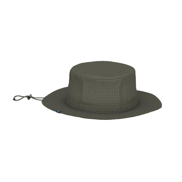 HUK bucket hat closeup shows laser-perforated panels for breathability and quick-dry interior.