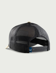 HUK men's trucker hat braid detail for breathable comfort on the water.