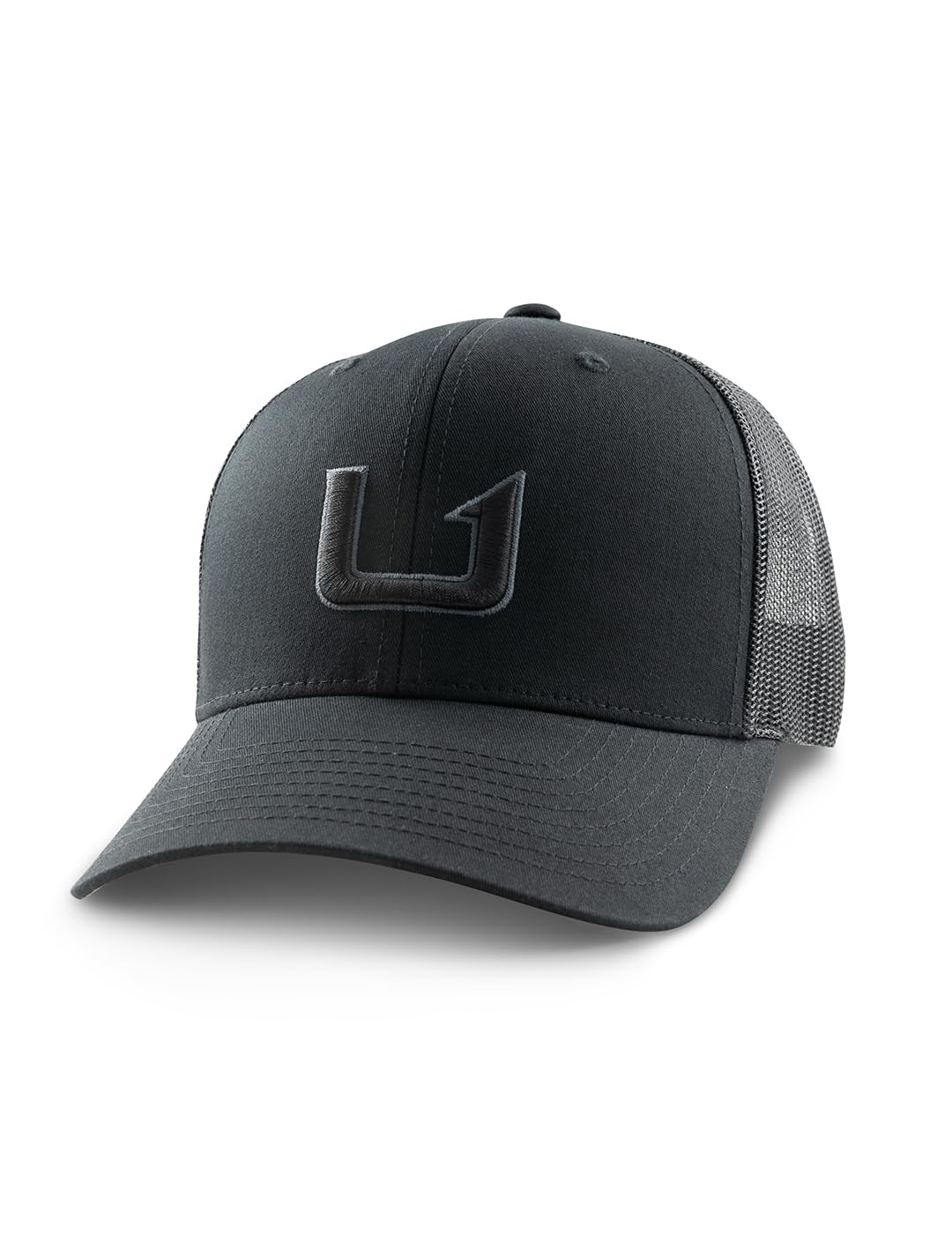 HUK men's trucker hat front view with anti-glare visor for sunny fishing.