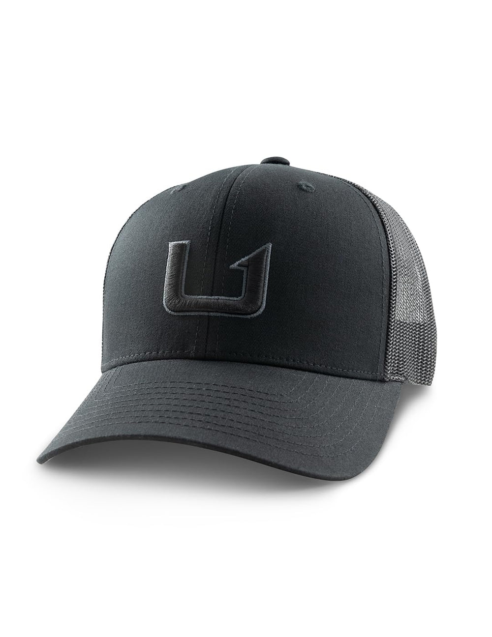 HUK men's trucker hat front view with anti-glare visor for sunny fishing.