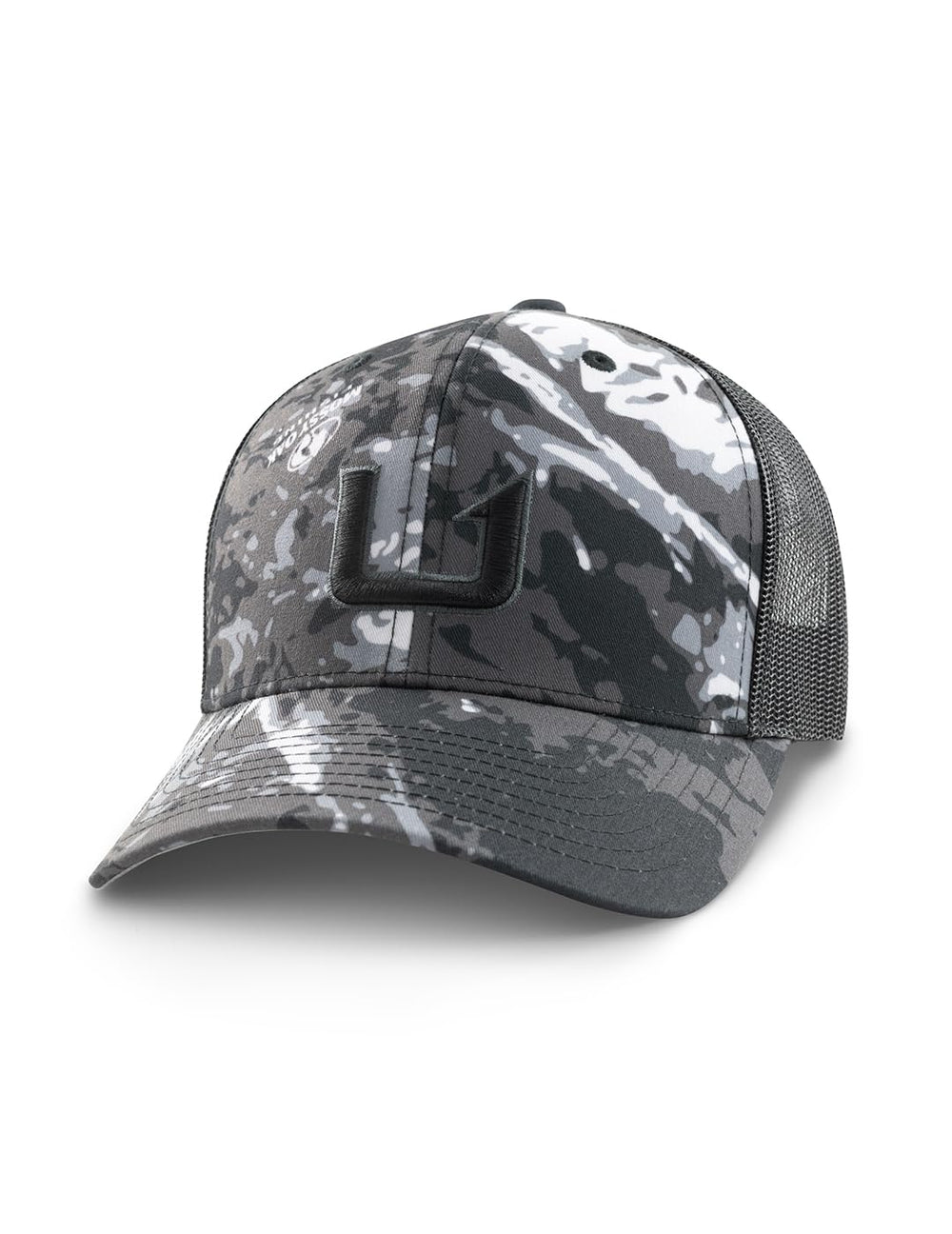 HUK men's trucker hat in Mossy Oak Stormwater Midnight with comfortable fit and moisture-wicking performance