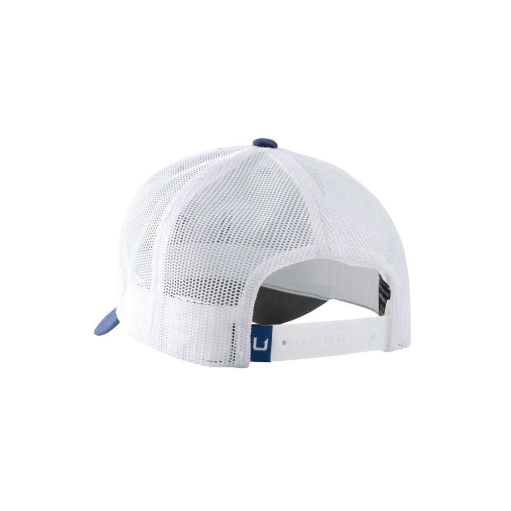 HUK mens trucker hat under visor detail shows dark gray anti-glare shield for glare reduction