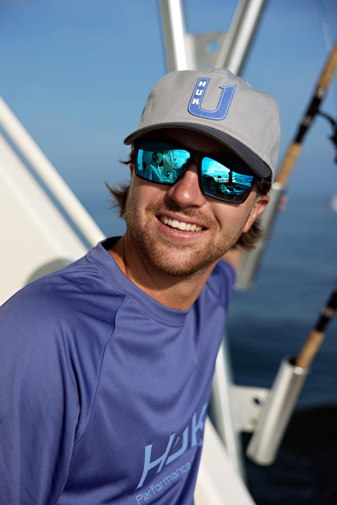 HUK Mens Varsity 5-Panel Hat worn outdoors, everyday comfort in Egret.