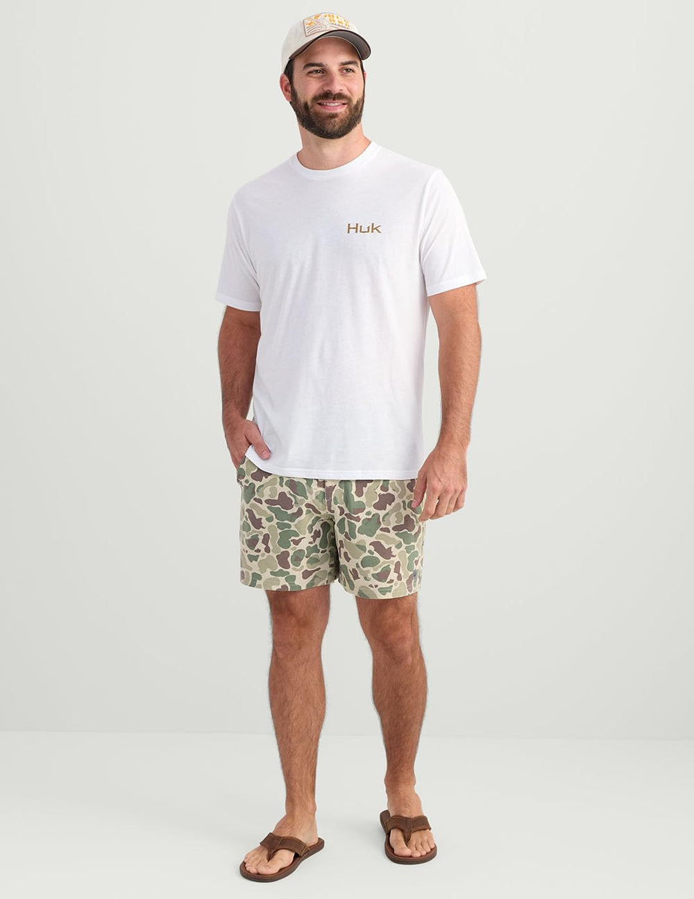 HUK Next Level Camp Short in action during fishing with breathable design.