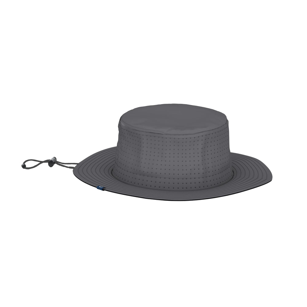 HUK bucket hat with laser-perforated panels enhances breathability during long casts.