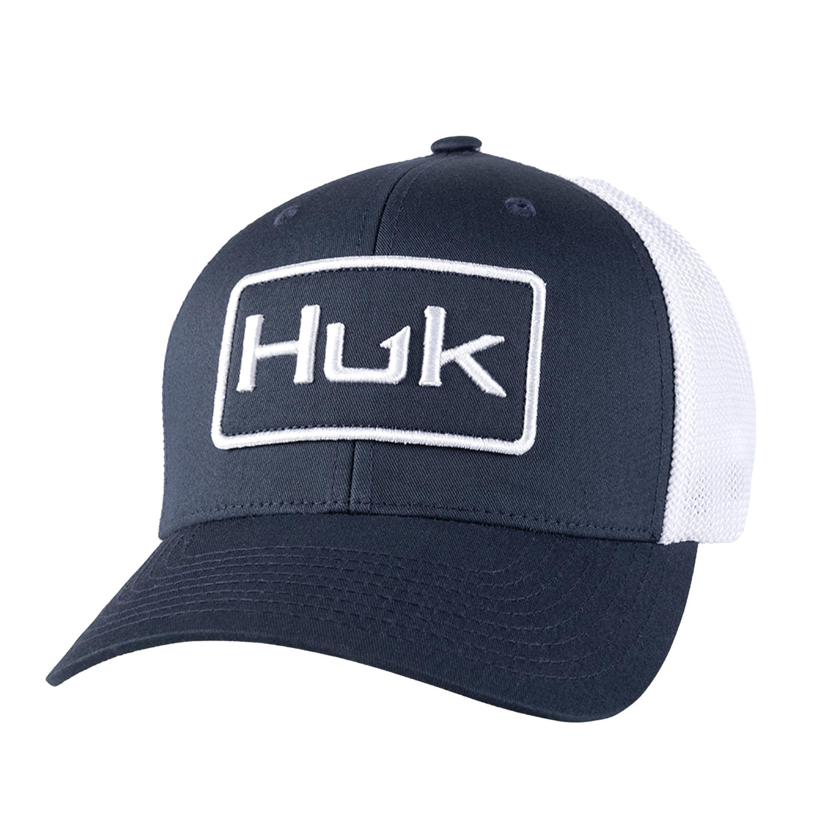 HUK stretchback trucker hat front view with adjustable fit for comfort