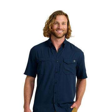 HUK Tide Point solid short sleeve shirt front view with UPF protection for sunny fishing days