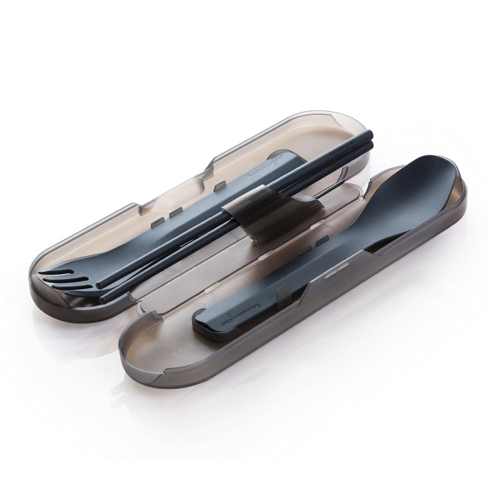 Humangear GoBites Quattro assembled in case for compact travel dining.