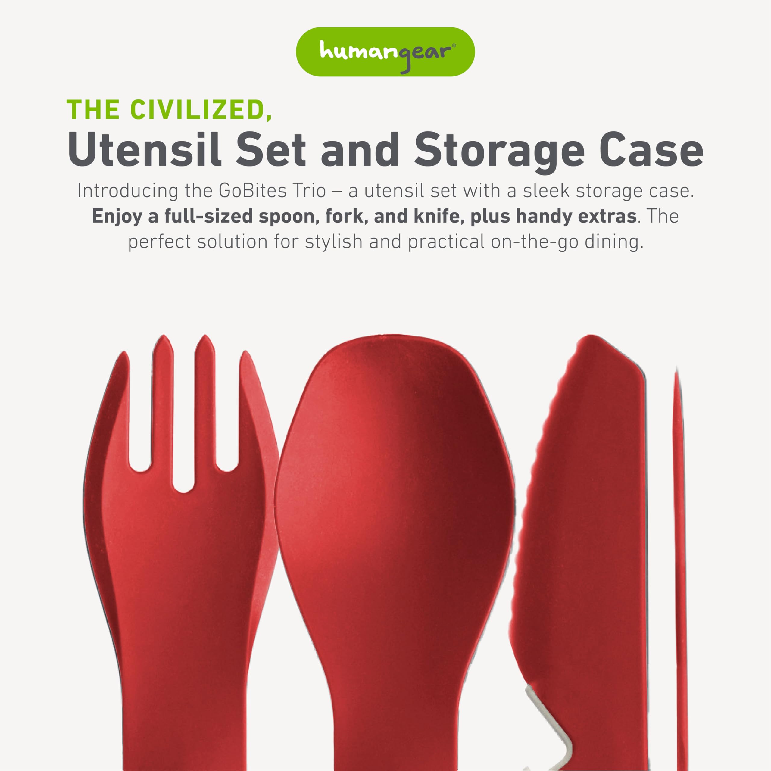 humangear GoBites Trio spork-knife combo with ergonomic grip for easy meals on the go