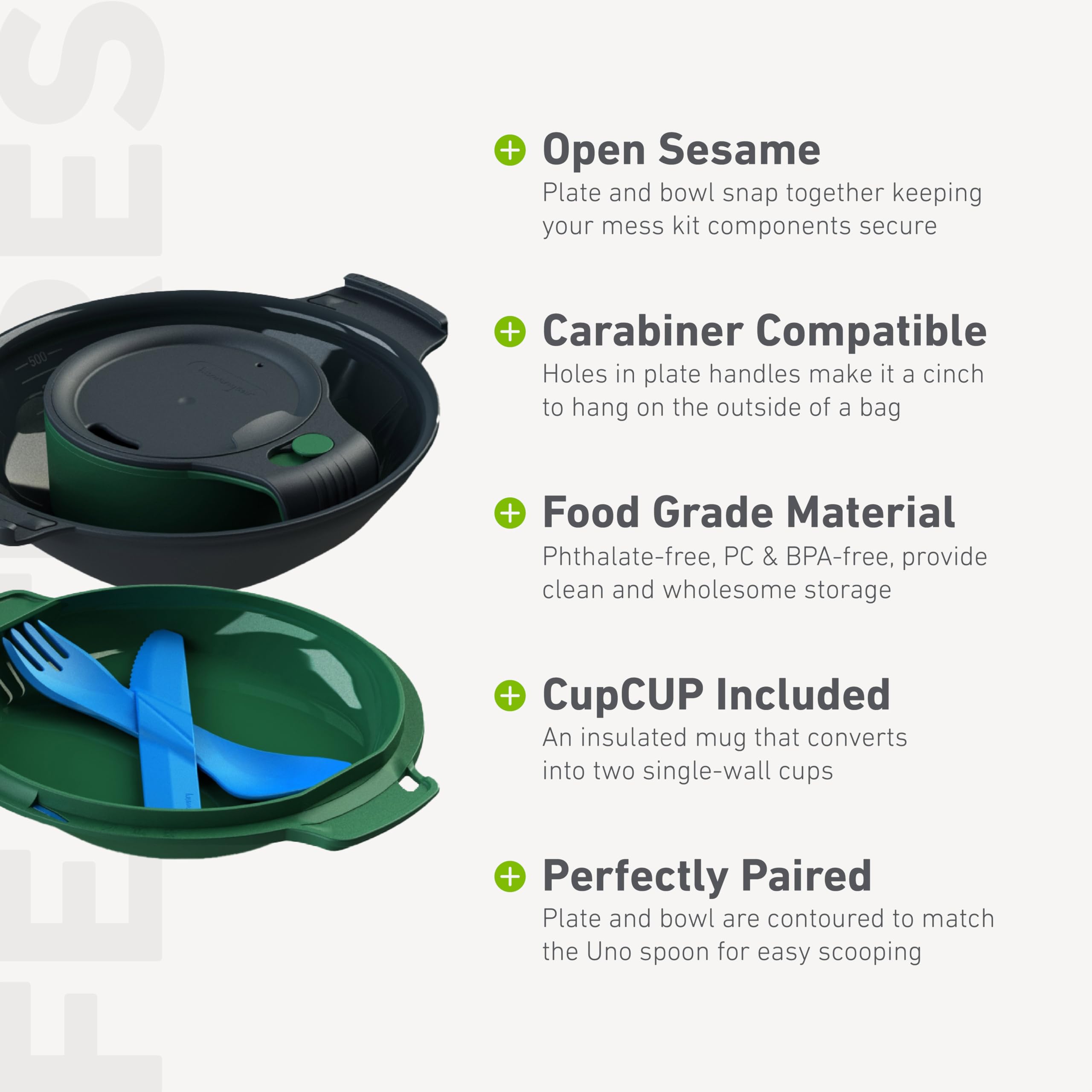 Humangear GoKit+ Deluxe knife attachment locks to plate for safe, rattle-free dining.