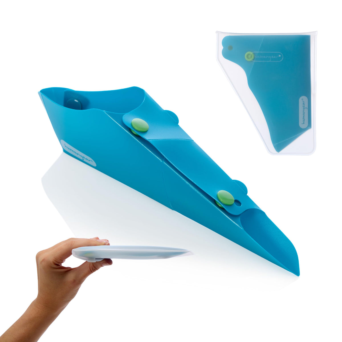 humangear GoPee folds flat for pocket storage, ideal for travel and camping.