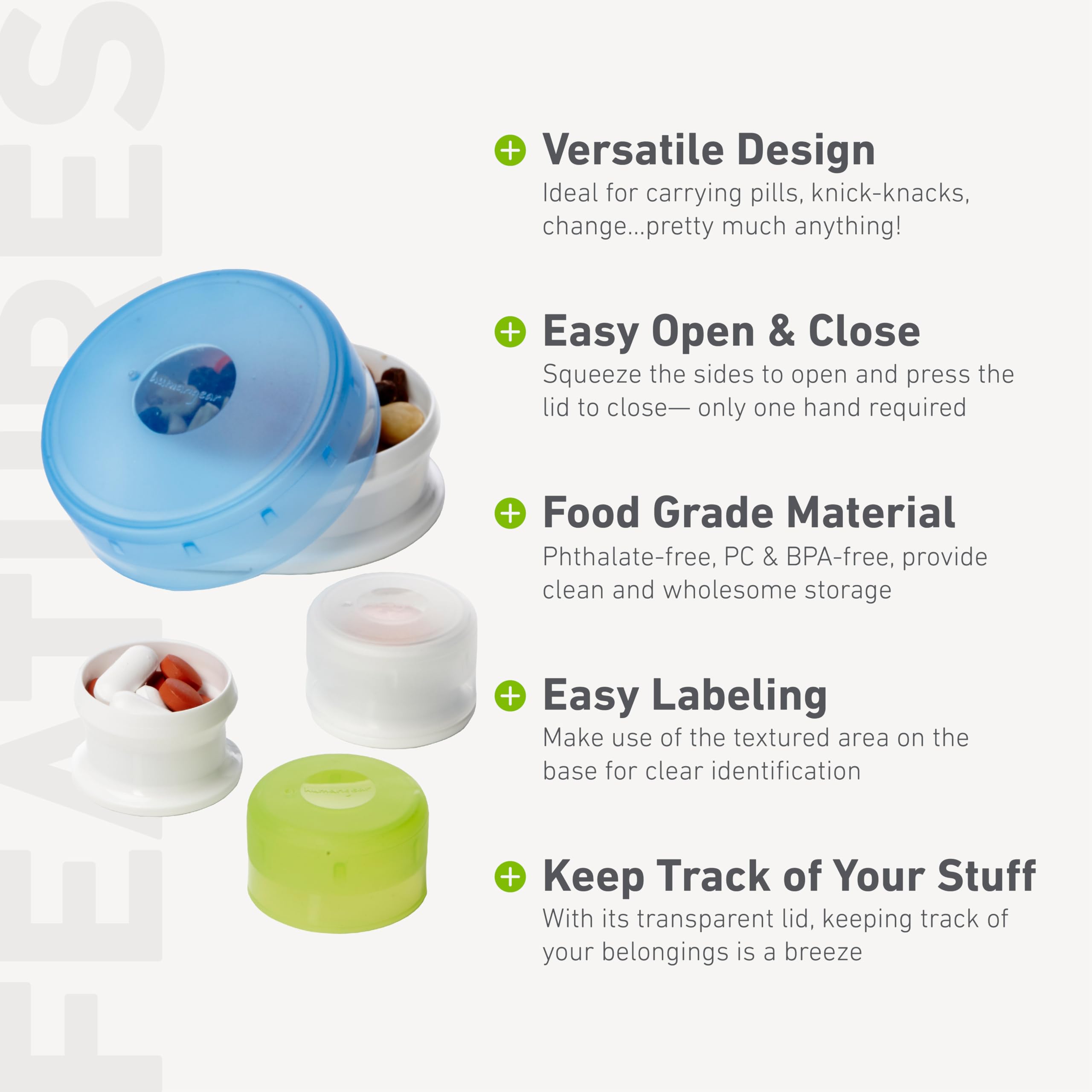 Humangear GoTubb green lid top view, easy-one-hand access for quick snacks.