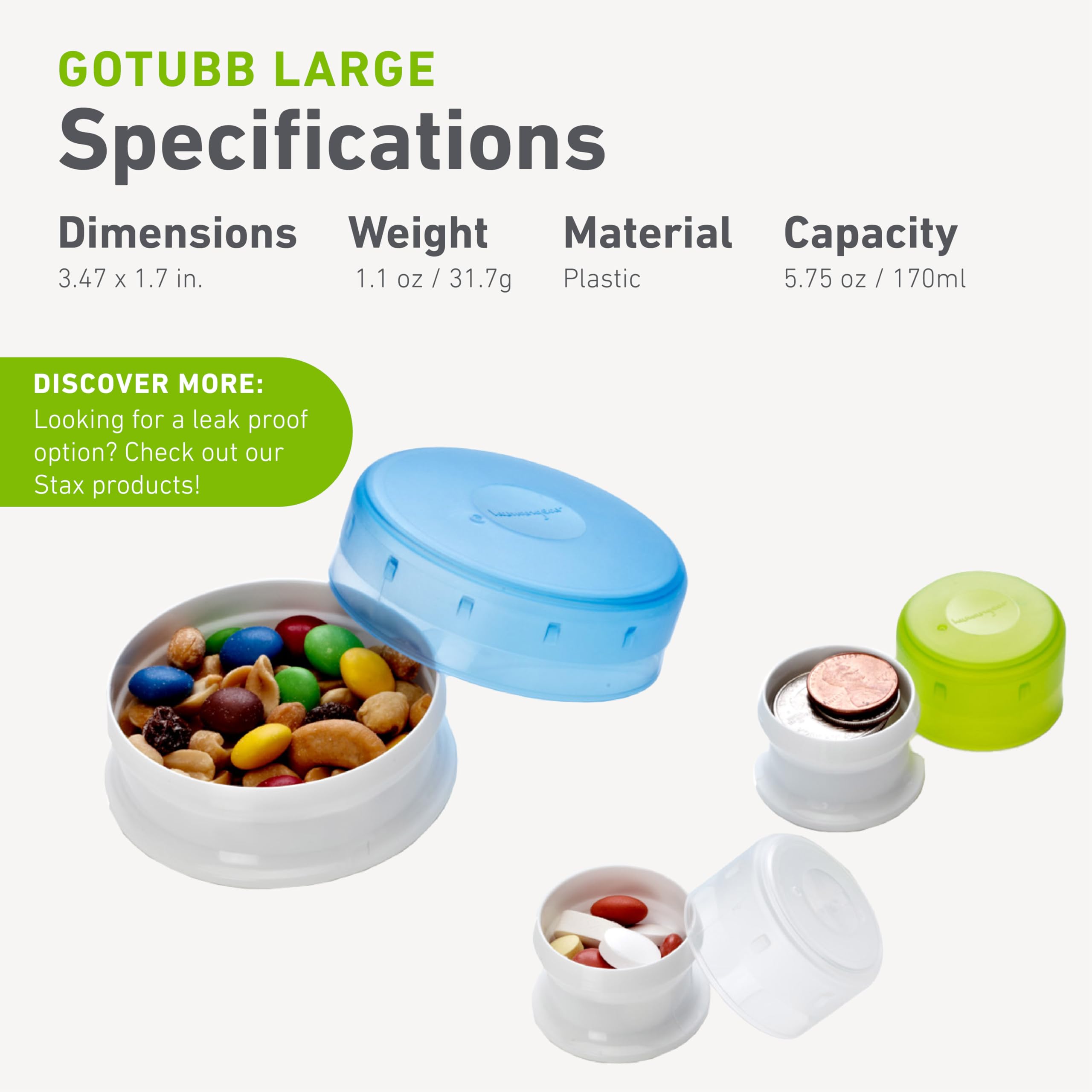 humangear GoTubb stackable design saves space during travel and meals.