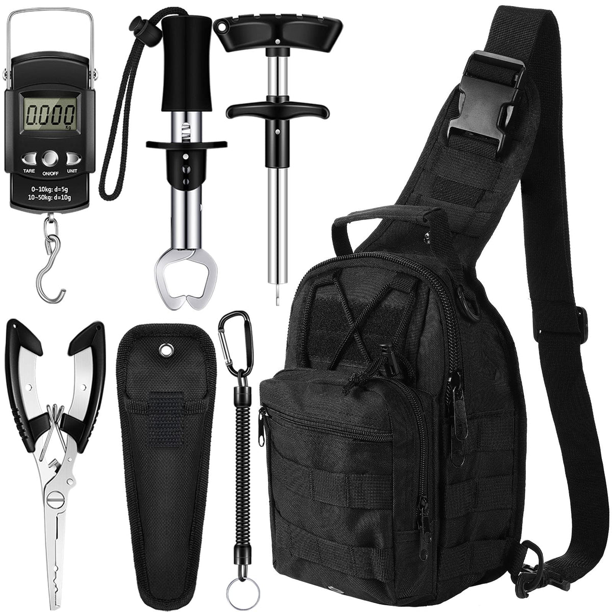 Hungdao 7-piece fishing tool kit components including black backpack and pliers