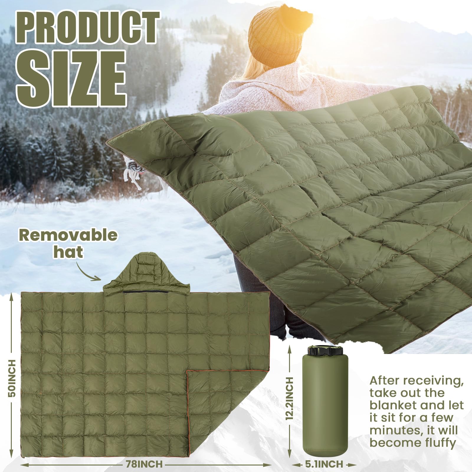 HunnmingRe hooded-down blanket worn as a cloak for camping warmth.