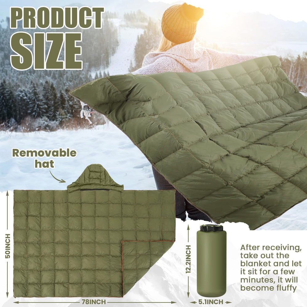 HunnmingRe hooded-down blanket worn as a cloak for camping warmth.