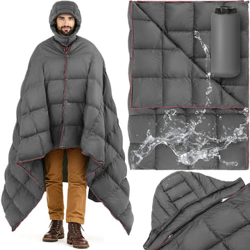 HunnmingRe hooded down camping blanket worn as a warm cloak for chilly nights
