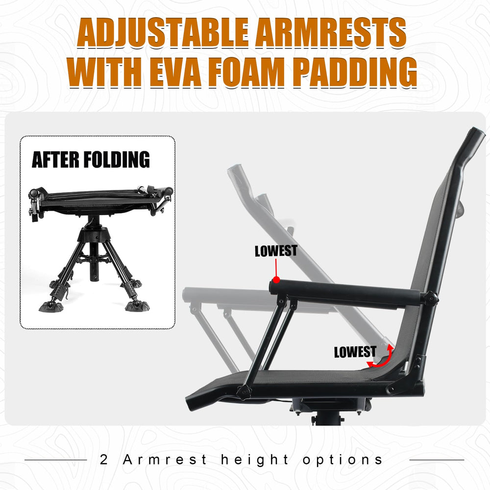 HUNT MONSTER hunting chair showing adjustable height range for comfort.