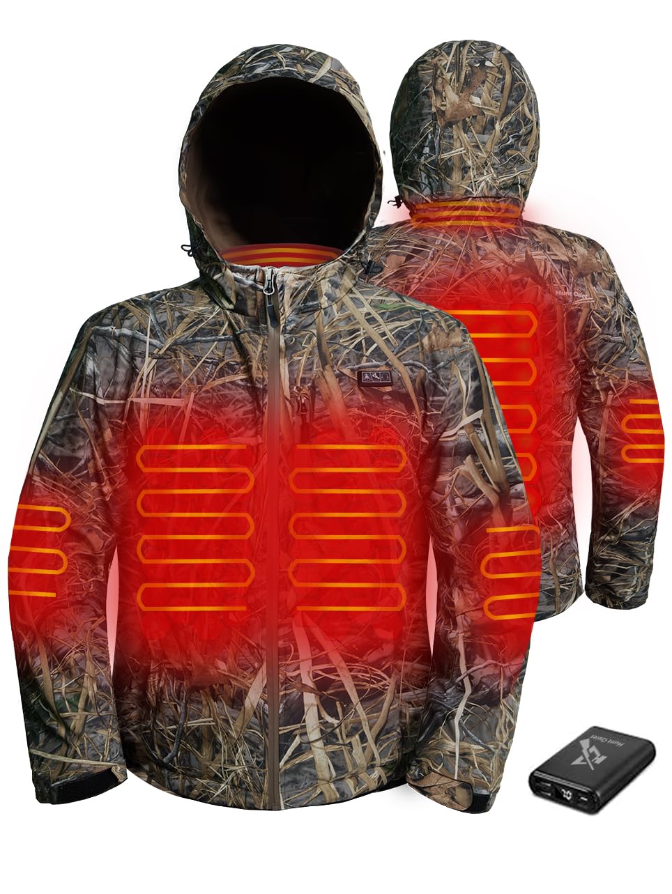 Hunt Quiet heated jacket front view in Evos Camo showing adjustable warmth.