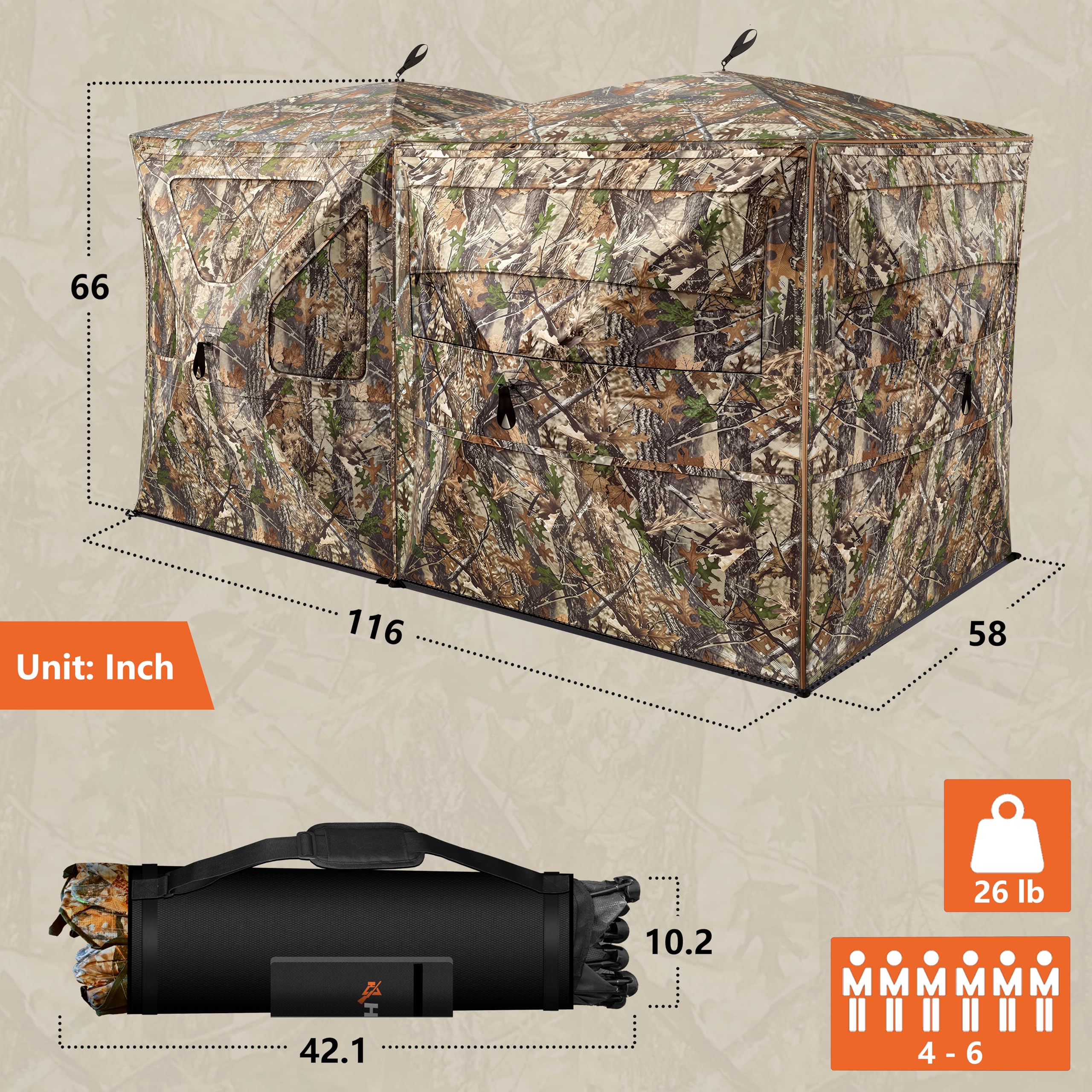 Hunt Quiet 116x58 interior floor supports 4-6 hunters.