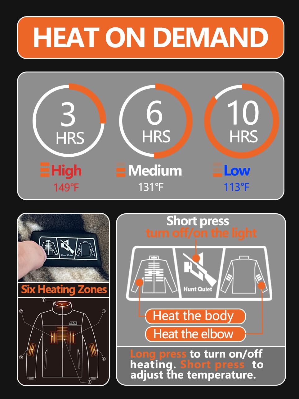 Hunt Quiet heated jacket heat settings display for quick comfort control