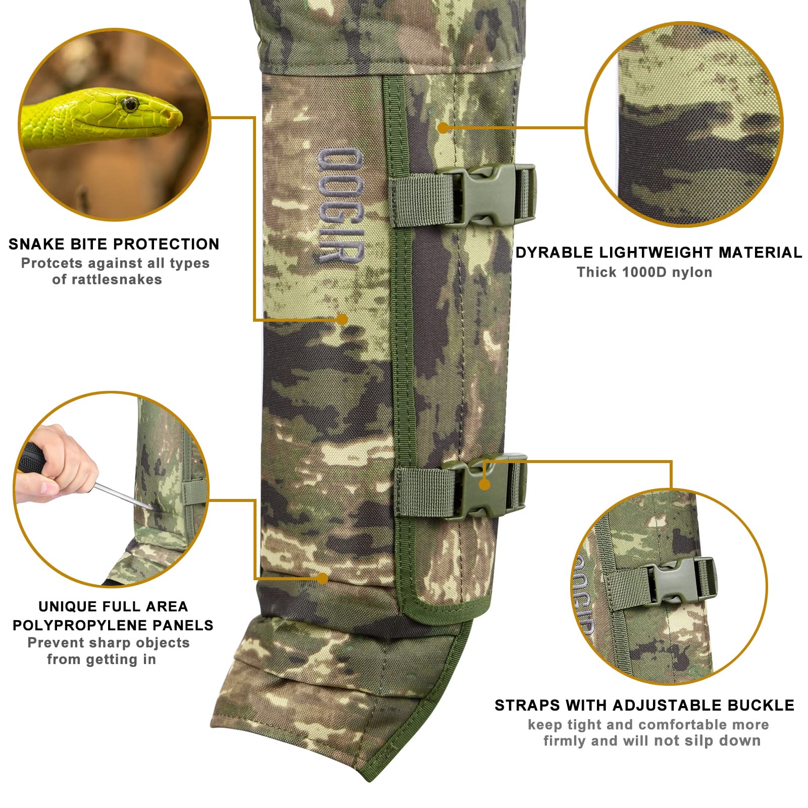 HUNTARMOR Snake chaps around boots provide full leg coverage and easy on/off.