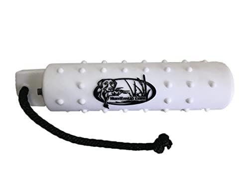 HuntEmUp Dog Bumpers black-white dummy stands out against water for easy sighting.