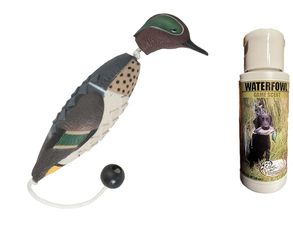 HuntEmUp teal dummy with lifelike feathers for realistic retriever training and scent tracking