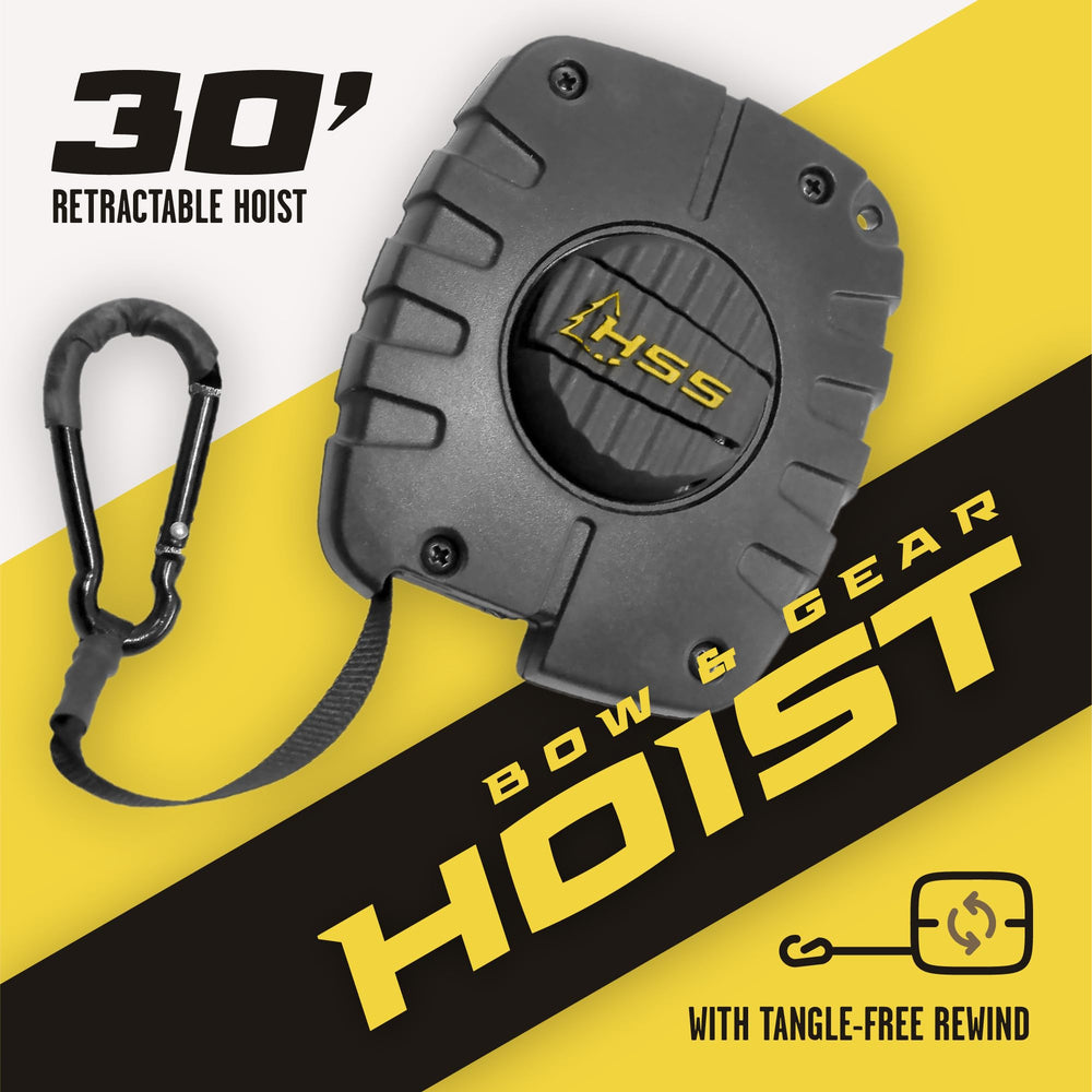 Hunter Safety System harness clip and retractable line support silent climbs.