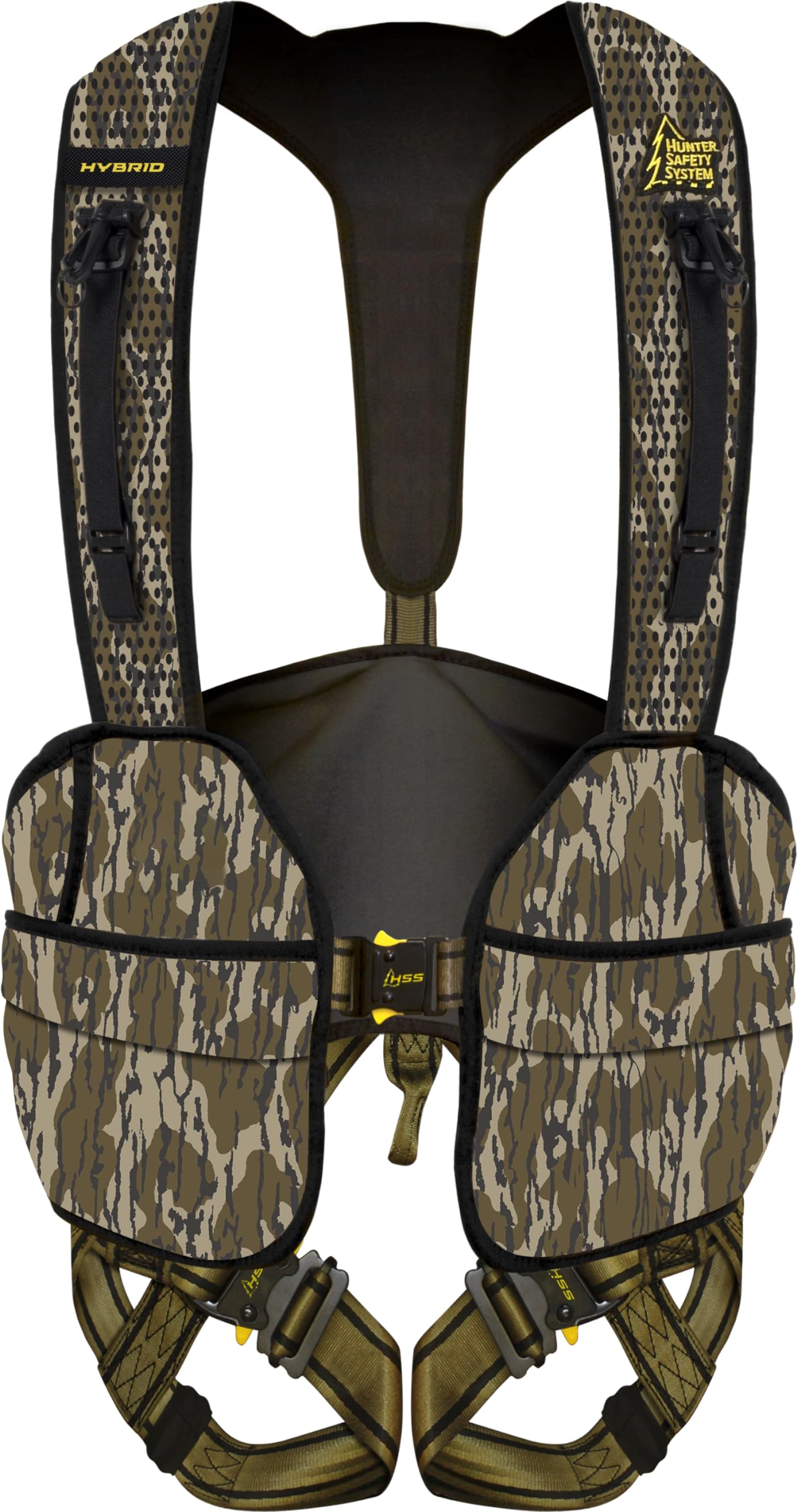 Hunter Safety System Hybrid Harness with ElimiShield in Mossy Oak Bottomland offers all-day comfort and scent control.
