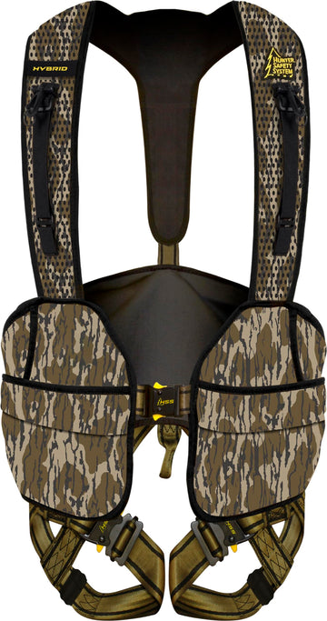Hunter Safety System Hybrid Harness with ElimiShield in Mossy Oak Bottomland offers all-day comfort and scent control.