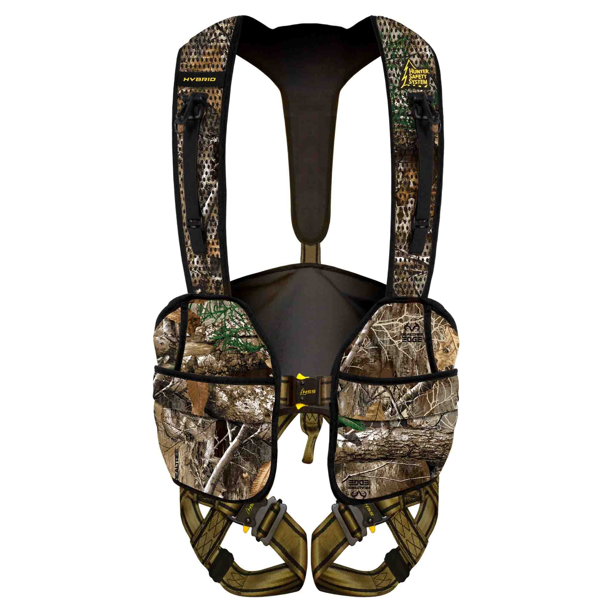 Hunter Safety System hybrid tree-stand vest front view in Realtree camouflage showing ergonomic silhouette