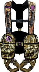 Hunter Safety System Lady Hybrid harness side view in Mossy Oak for secure fit.