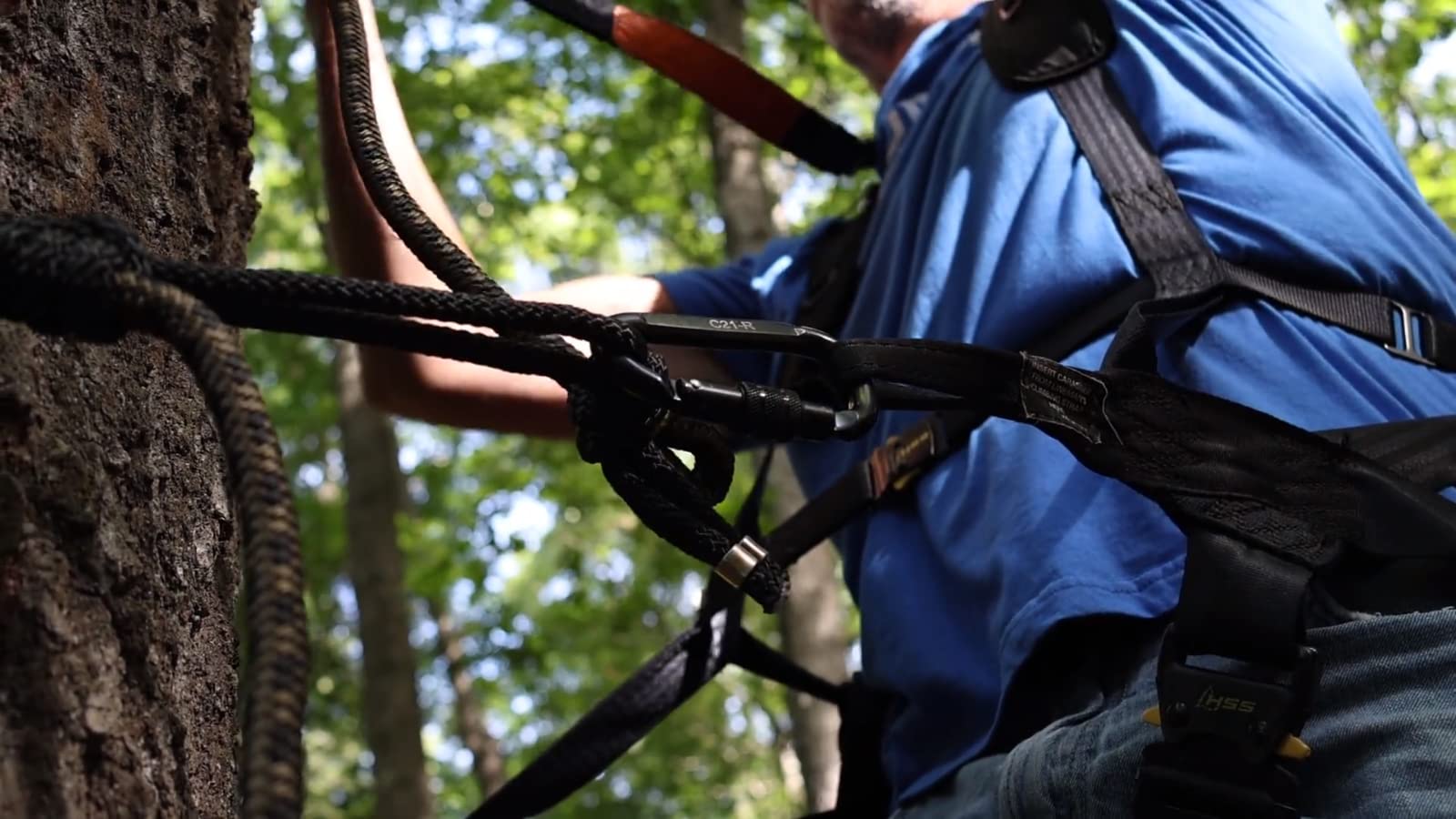 Hunter Safety System lineman rope shown with Recon carabiners ready for use.