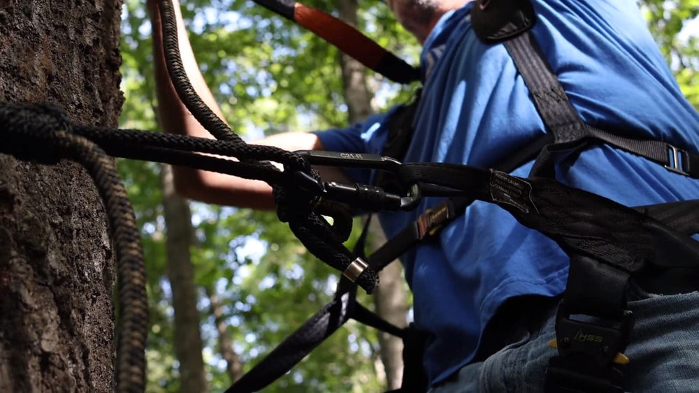 Hunter Safety System lineman rope shown with Recon carabiners ready for use.
