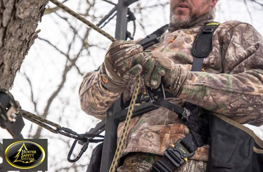 Hunter Safety System rope-style treestrap in use on a front-facing stand.