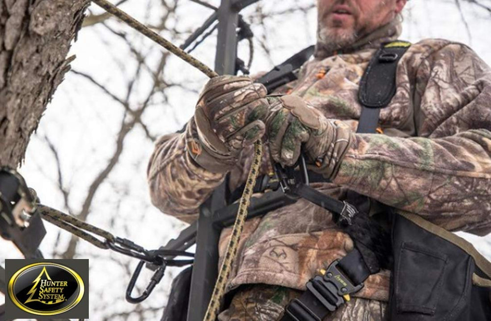 Hunter Safety System rope-style treestrap in use on a front-facing stand.