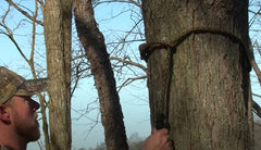 Hunter Safety System rope-style treestrap during installation around the trunk for quick, secure fit.