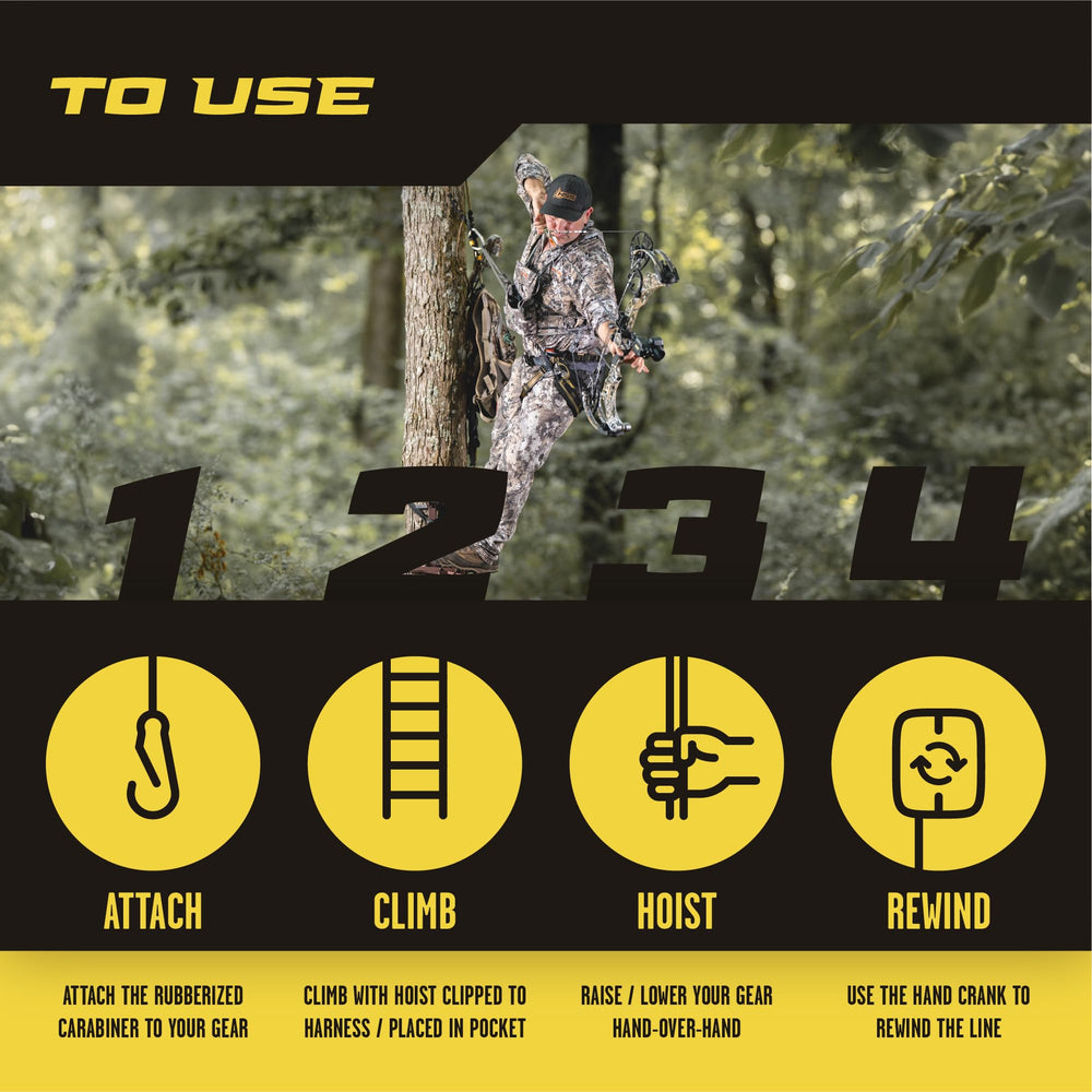Hunter Safety System hoist in a tree stand keeps gear organized for access.